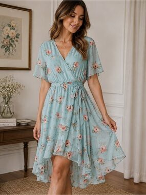 Floral High Low Chiffon Wrap Dress Blue Pink Roses Plus Size 18